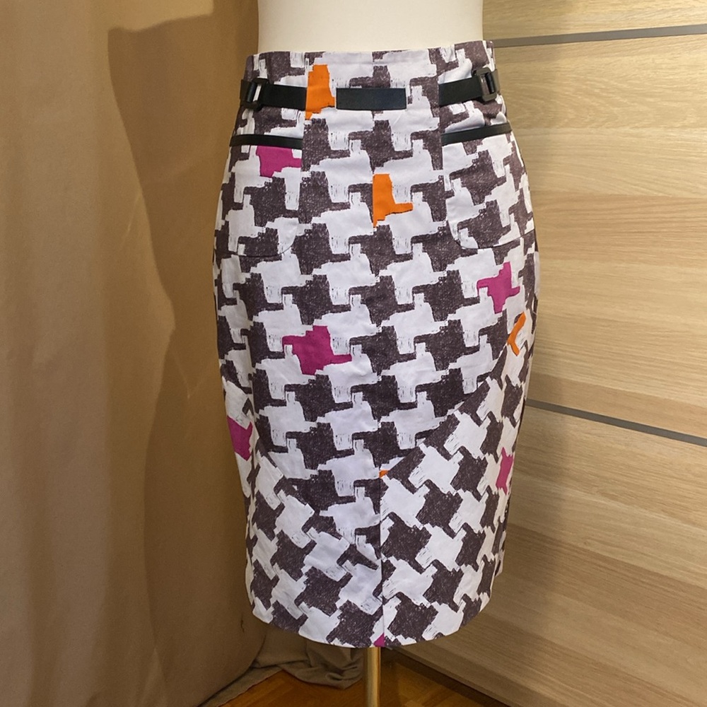 Ted Baker London Houndstooth Pencil Skirt Size 2 Brown White Pink Orange Belted